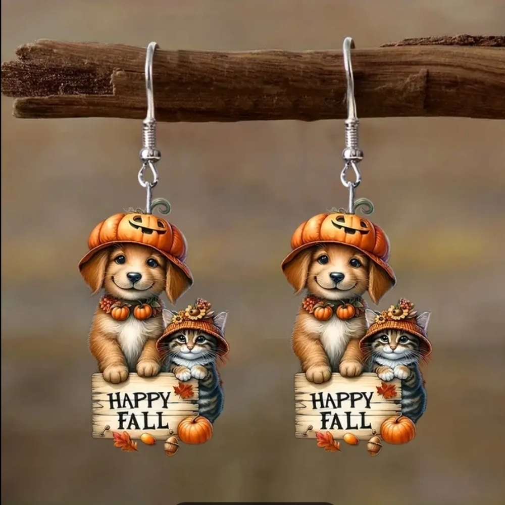 Festive Fall Dog & Cat Pierced Acrylic Dangle Earrings. NWT